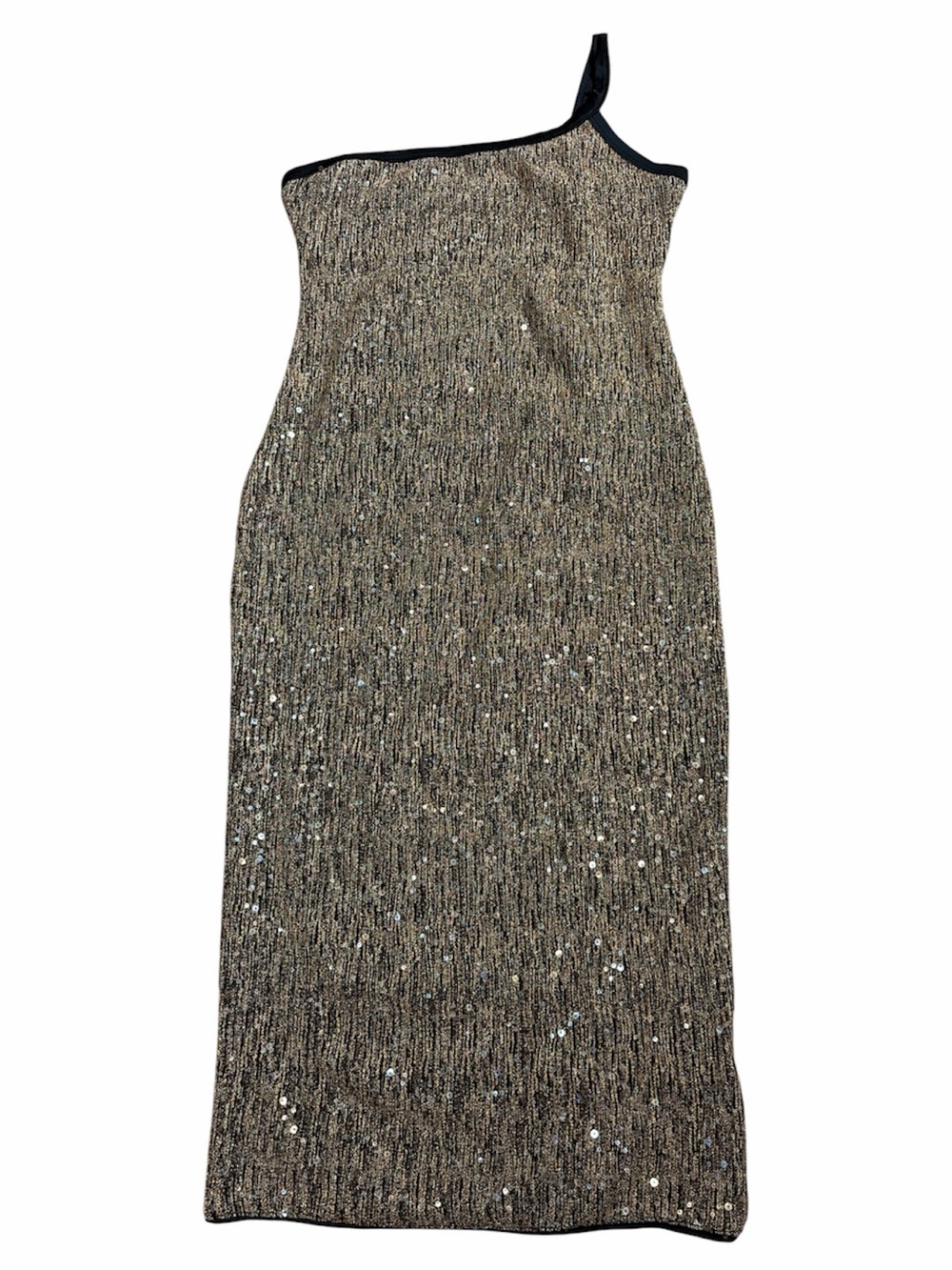 ChicMe One Shoulder Sequin Midi Dress Gold Black Metallic Bodycon Size L